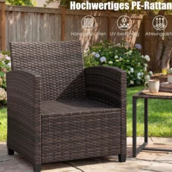 Rattan Balkonset inkl. 2 Stühle mit Kissen & Tisch aus Glas Outdoor Sitzgruppe Balkonmöbel Braun-Schwarz