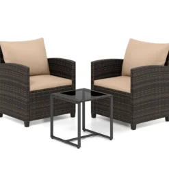 Rattan Balkonset inkl. 2 Stühle mit Kissen & Tisch aus Glas Outdoor Sitzgruppe Balkonmöbel Braun-Khaki