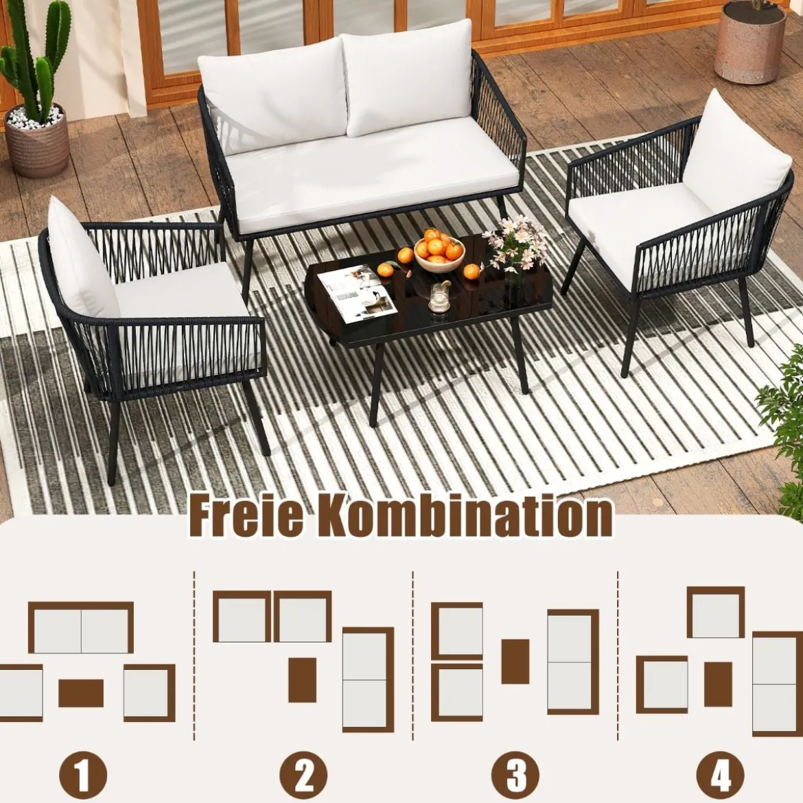 Rattan Gartenmöbel Set Balkonmöbel Set mit Sitz- und Rückenkissen Terrassenmöbel