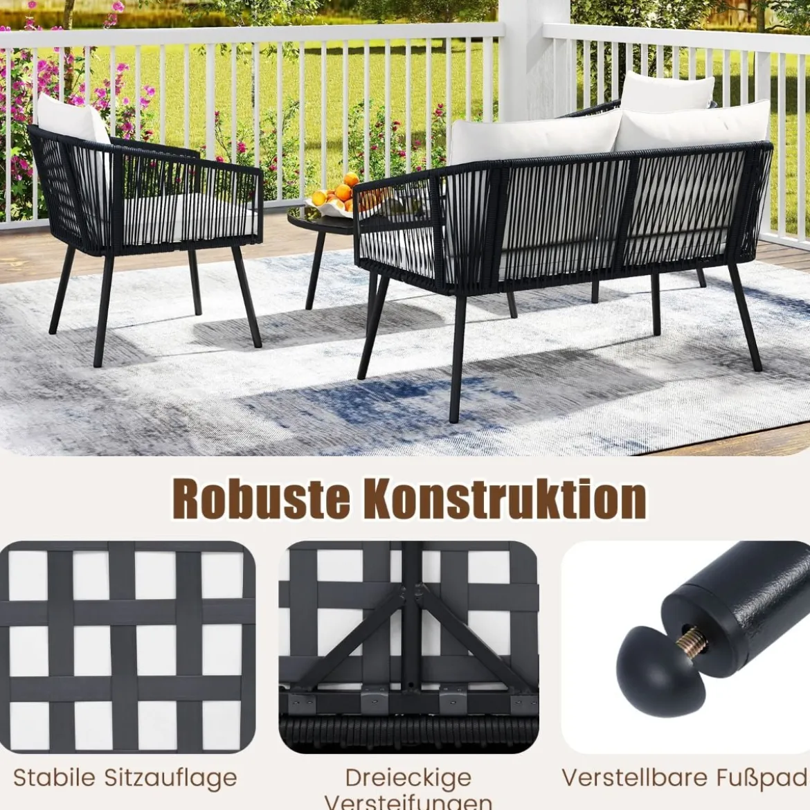 Rattan Gartenmöbel Set Balkonmöbel Set mit Sitz- und Rückenkissen Terrassenmöbel