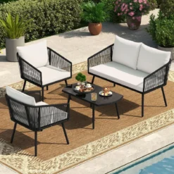 Rattan Gartenmöbel Set Balkonmöbel Set mit Sitz- und Rückenkissen Terrassenmöbel