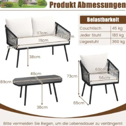 Rattan Gartenmöbel Set Balkonmöbel Set mit Sitz- und Rückenkissen Terrassenmöbel