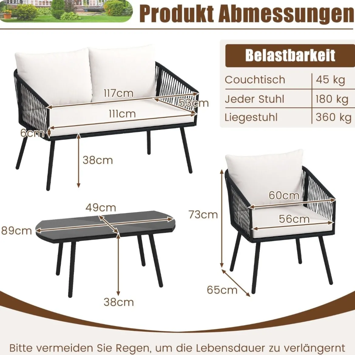Rattan Gartenmöbel Set Balkonmöbel Set mit Sitz- und Rückenkissen Terrassenmöbel