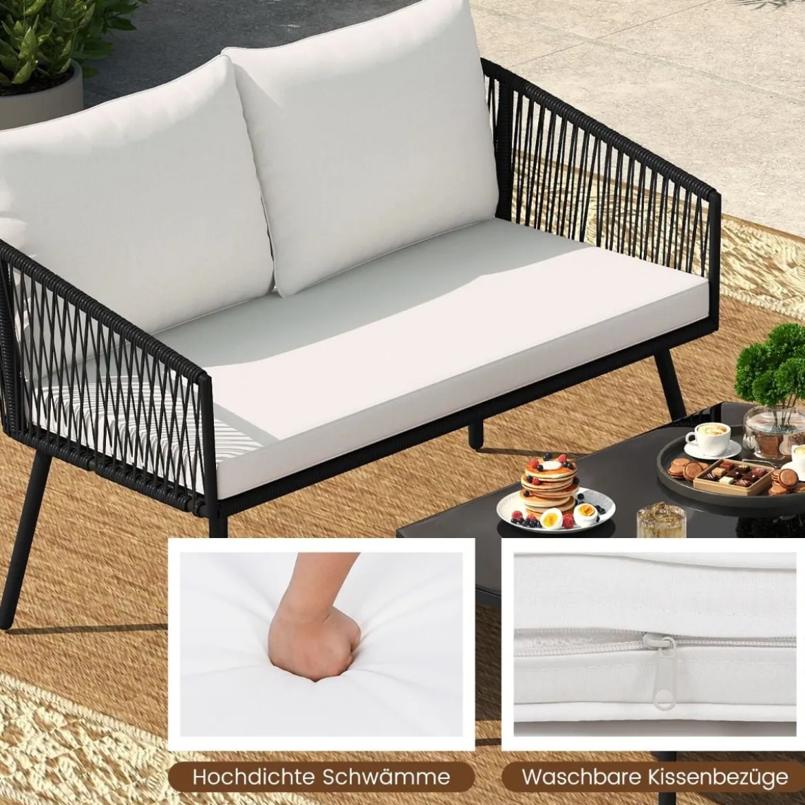 Rattan Gartenmöbel Set Balkonmöbel Set mit Sitz- und Rückenkissen Terrassenmöbel