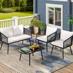Rattan Gartenmöbel Set Balkonmöbel Set mit Sitz- und Rückenkissen Terrassenmöbel