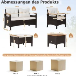 Rattan Gartenmöbel Set inkl. 2 Stühle & 2 Hocker & Bank & Tisch & Kissen Balkonset Gartengarnitur