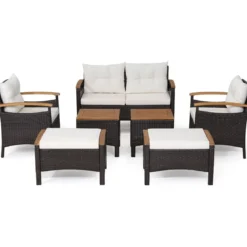 Rattan Gartenmöbel Set inkl. 2 Stühle & 2 Hocker & Bank & Tisch & Kissen Balkonset Gartengarnitur