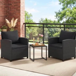 Rattan Gartenmöbel Set inkl. 2 Stühle mit Kissen & Tisch aus Glas Outdoor Sitzgruppe Schwarz-Schwarz