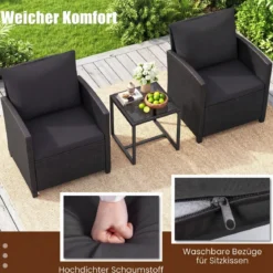 Rattan Gartenmöbel Set inkl. 2 Stühle mit Kissen & Tisch aus Glas Outdoor Sitzgruppe Schwarz-Schwarz