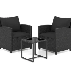 Rattan Gartenmöbel Set inkl. 2 Stühle mit Kissen & Tisch aus Glas Outdoor Sitzgruppe Schwarz-Schwarz
