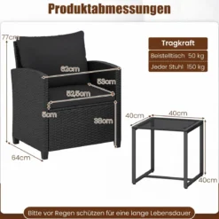 Rattan Gartenmöbel Set inkl. 2 Stühle mit Kissen & Tisch aus Glas Outdoor Sitzgruppe Schwarz-Schwarz