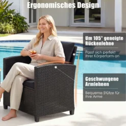 Rattan Gartenmöbel Set inkl. 2 Stühle mit Kissen & Tisch aus Glas Outdoor Sitzgruppe Schwarz-Schwarz