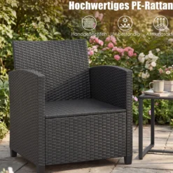 Rattan Gartenmöbel Set inkl. 2 Stühle mit Kissen & Tisch aus Glas Outdoor Sitzgruppe Schwarz-Schwarz