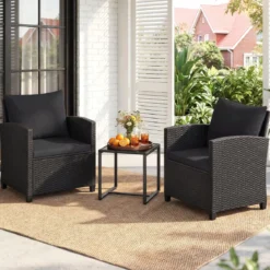 Rattan Gartenmöbel Set inkl. 2 Stühle mit Kissen & Tisch aus Glas Outdoor Sitzgruppe Schwarz-Schwarz