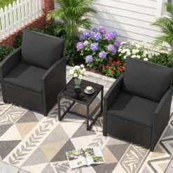 Rattan Gartenmöbel Set inkl. 2 Stühle mit Kissen & Tisch aus Glas Outdoor Sitzgruppe Schwarz-Schwarz