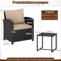 Rattan Gartenmöbel Set inkl. 2 Stühle mit Kissen & Tisch aus Glas Outdoor Sitzgruppe Schwarz-Khaki