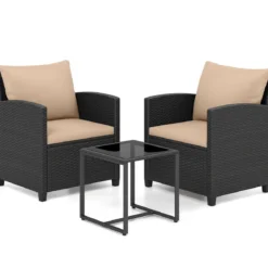 Rattan Gartenmöbel Set inkl. 2 Stühle mit Kissen & Tisch aus Glas Outdoor Sitzgruppe Schwarz-Khaki