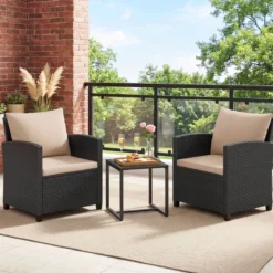 Rattan Gartenmöbel Set inkl. 2 Stühle mit Kissen & Tisch aus Glas Outdoor Sitzgruppe Schwarz-Khaki