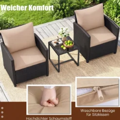 Rattan Gartenmöbel Set inkl. 2 Stühle mit Kissen & Tisch aus Glas Outdoor Sitzgruppe Schwarz-Khaki