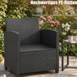 Rattan Gartenmöbel Set inkl. 2 Stühle mit Kissen & Tisch aus Glas Outdoor Sitzgruppe Schwarz-Khaki