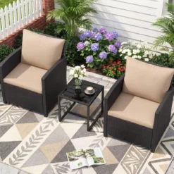 Rattan Gartenmöbel Set inkl. 2 Stühle mit Kissen & Tisch aus Glas Outdoor Sitzgruppe Schwarz-Khaki