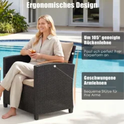 Rattan Gartenmöbel Set inkl. 2 Stühle mit Kissen & Tisch aus Glas Outdoor Sitzgruppe Schwarz-Khaki