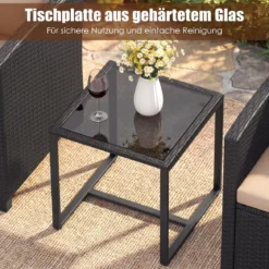 Rattan Gartenmöbel Set inkl. 2 Stühle mit Kissen & Tisch aus Glas Outdoor Sitzgruppe Schwarz-Khaki