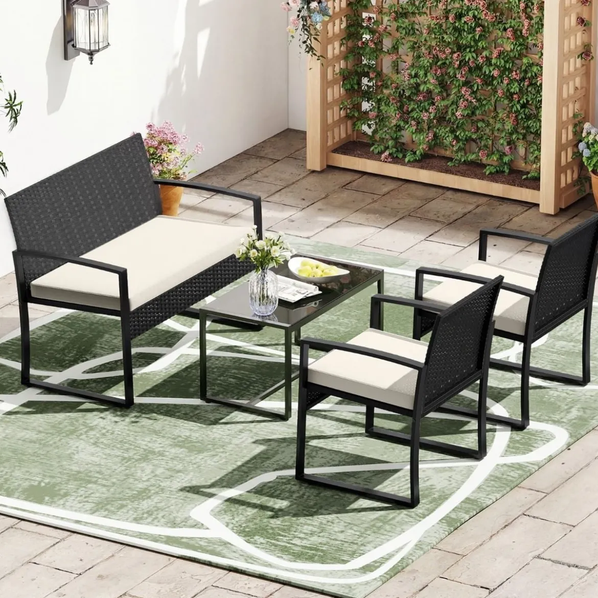 Rattan Gartenmöbel Set mit 2 Sessel & Bank & Tisch & Sitzkissen Outdoor Lounge Möbel Beige