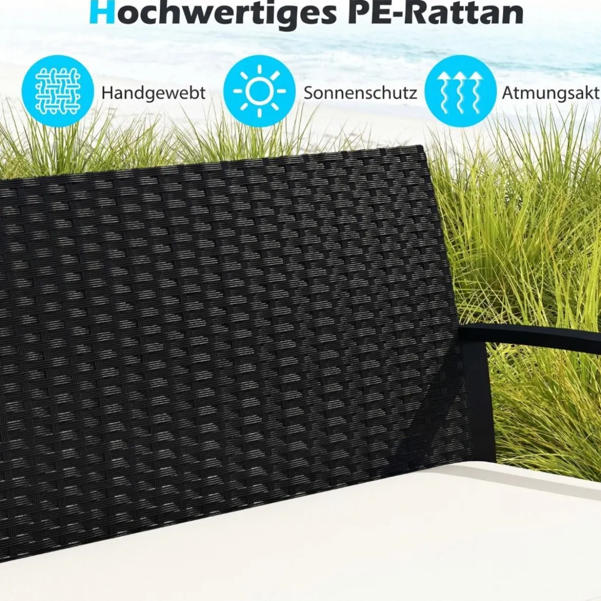Rattan Gartenmöbel Set mit 2 Sessel & Bank & Tisch & Sitzkissen Outdoor Lounge Möbel Beige