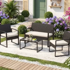 Rattan Gartenmöbel Set mit 2 Sessel & Bank & Tisch & Sitzkissen Outdoor Lounge Möbel Beige