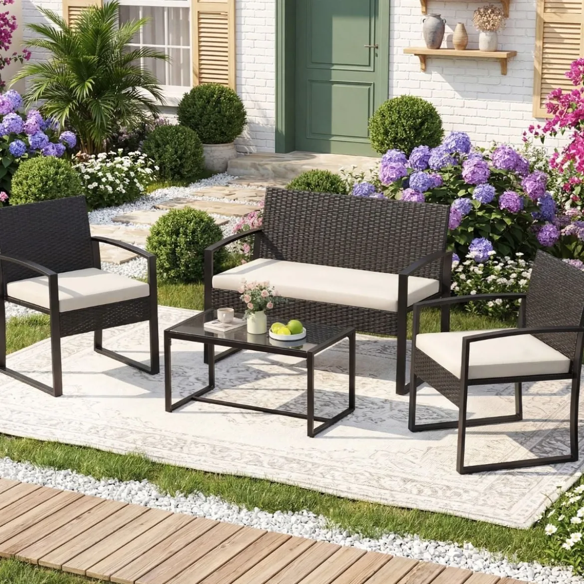 Rattan Gartenmöbel Set mit 2 Sessel & Bank & Tisch & Sitzkissen Outdoor Lounge Möbel Beige