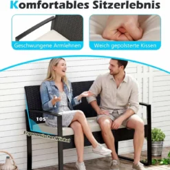 Rattan Gartenmöbel Set mit 2 Sessel & Bank & Tisch & Sitzkissen Outdoor Lounge Möbel Beige