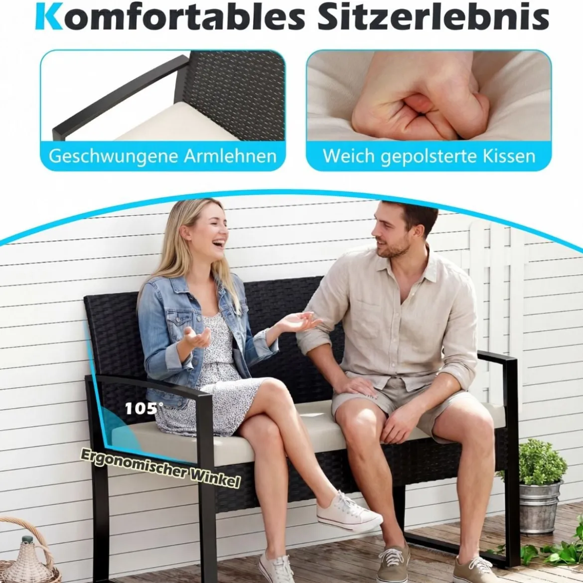 Rattan Gartenmöbel Set mit 2 Sessel & Bank & Tisch & Sitzkissen Outdoor Lounge Möbel Beige