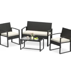 Rattan Gartenmöbel Set mit 2 Sessel & Bank & Tisch & Sitzkissen Outdoor Lounge Möbel Beige
