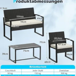 Rattan Gartenmöbel Set mit 2 Sessel & Bank & Tisch & Sitzkissen Outdoor Lounge Möbel Beige