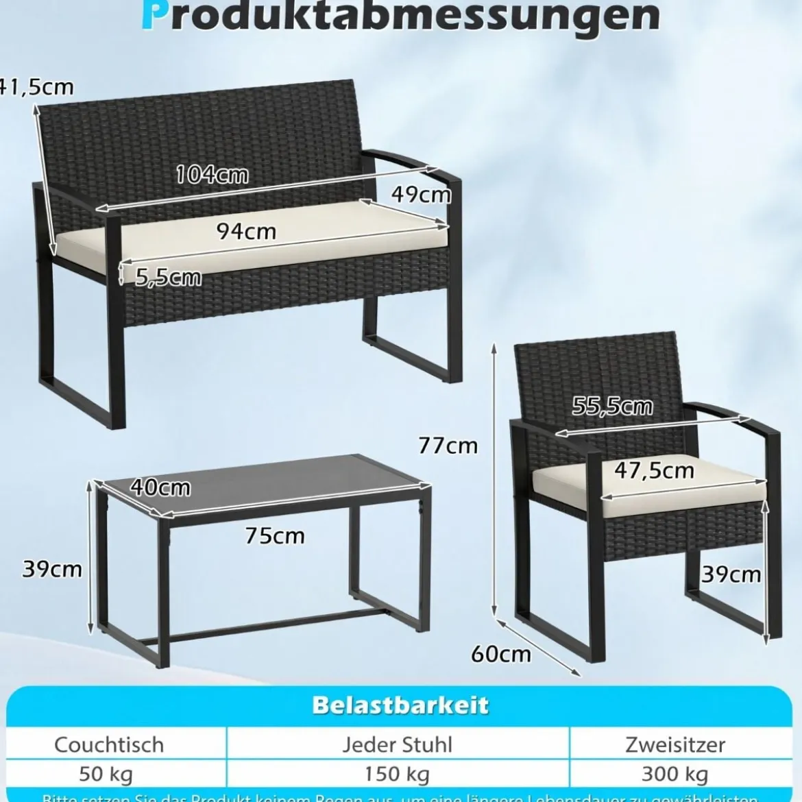 Rattan Gartenmöbel Set mit 2 Sessel & Bank & Tisch & Sitzkissen Outdoor Lounge Möbel Beige