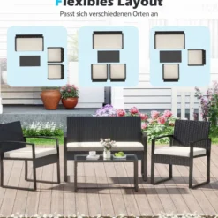 Rattan Gartenmöbel Set mit 2 Sessel & Bank & Tisch & Sitzkissen Outdoor Lounge Möbel Beige