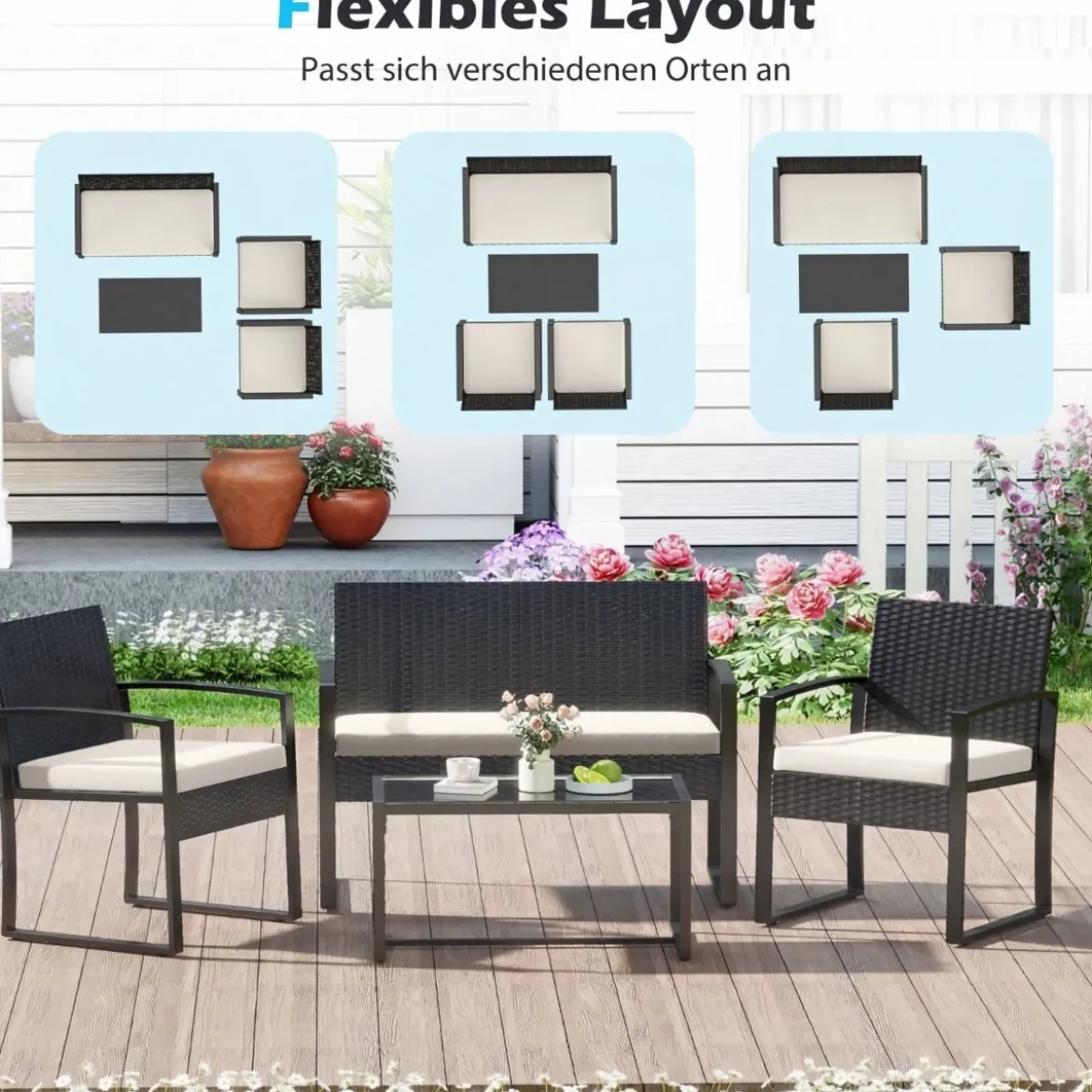 Rattan Gartenmöbel Set mit 2 Sessel & Bank & Tisch & Sitzkissen Outdoor Lounge Möbel Beige