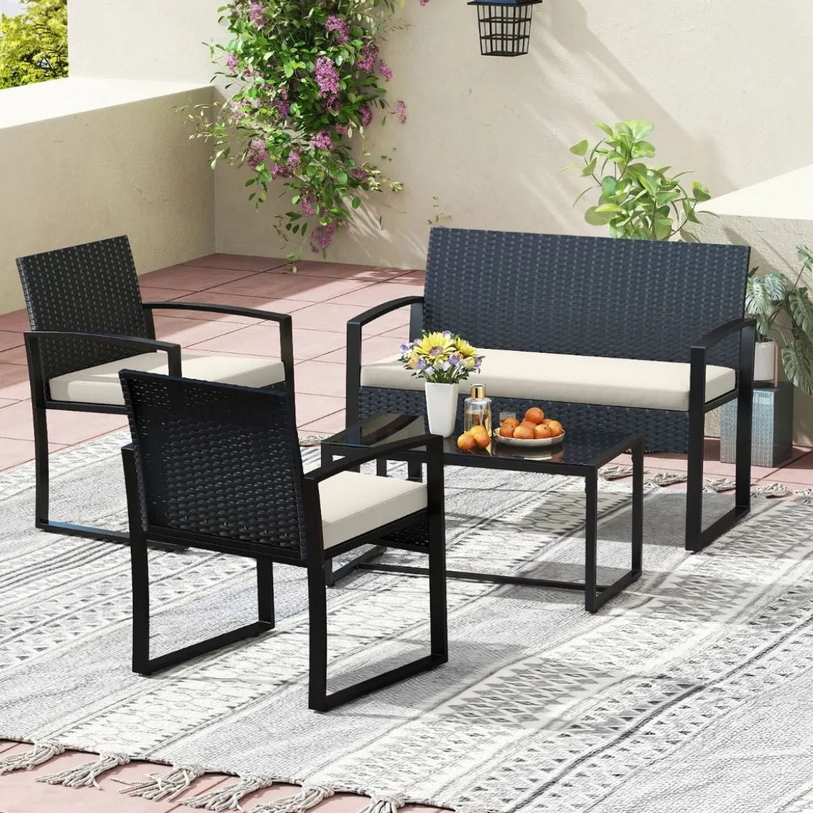 Rattan Gartenmöbel Set mit 2 Sessel & Bank & Tisch & Sitzkissen Outdoor Lounge Möbel Beige