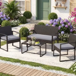 Rattan Gartenmöbel Set mit 2 Sessel & Bank & Tisch & Sitzkissen Outdoor Lounge Möbel Grau