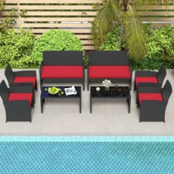 Rattan Gartenmöbel Set mit 2 Stühlen & Bank & Tisch & Kissen Outdoor Lounge Möbel Gartengarnitur Rot