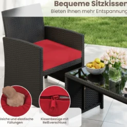Rattan Gartenmöbel Set mit 2 Stühlen & Bank & Tisch & Kissen Outdoor Lounge Möbel Gartengarnitur Rot