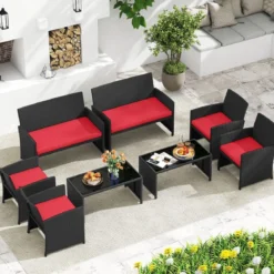 Rattan Gartenmöbel Set mit 2 Stühlen & Bank & Tisch & Kissen Outdoor Lounge Möbel Gartengarnitur Rot