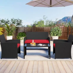 Rattan Gartenmöbel Set mit 2 Stühlen & Bank & Tisch & Kissen Outdoor Lounge Möbel Gartengarnitur Rot