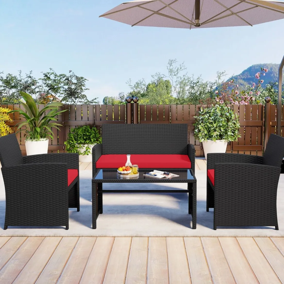 Rattan Gartenmöbel Set mit 2 Stühlen & Bank & Tisch & Kissen Outdoor Lounge Möbel Gartengarnitur Rot