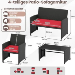 Rattan Gartenmöbel Set mit 2 Stühlen & Bank & Tisch & Kissen Outdoor Lounge Möbel Gartengarnitur Rot