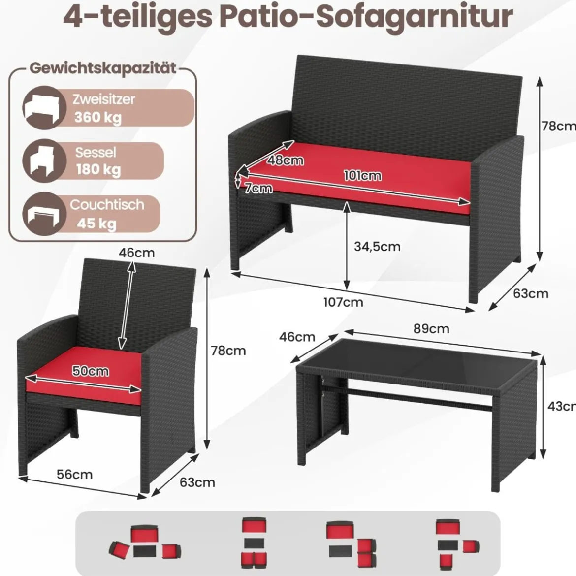 Rattan Gartenmöbel Set mit 2 Stühlen & Bank & Tisch & Kissen Outdoor Lounge Möbel Gartengarnitur Rot