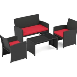 Rattan Gartenmöbel Set mit 2 Stühlen & Bank & Tisch & Kissen Outdoor Lounge Möbel Gartengarnitur Rot