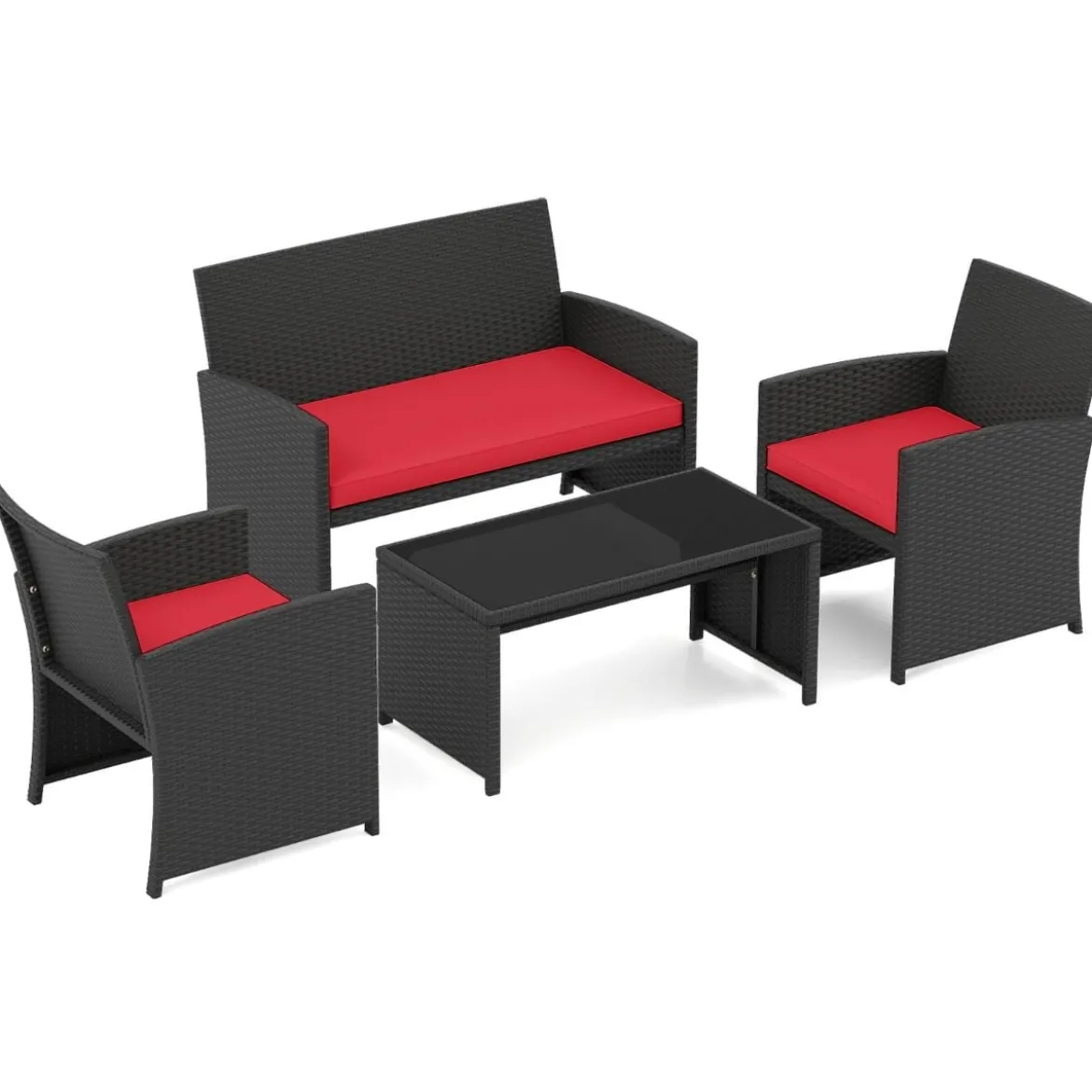 Rattan Gartenmöbel Set mit 2 Stühlen & Bank & Tisch & Kissen Outdoor Lounge Möbel Gartengarnitur Rot