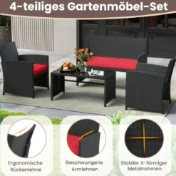 Rattan Gartenmöbel Set mit 2 Stühlen & Bank & Tisch & Kissen Outdoor Lounge Möbel Gartengarnitur Rot